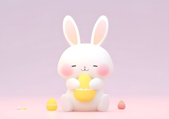 Fototapeta premium White Bunny Holding a Painted Yellow Easter Egg