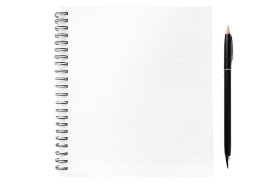 A photo of a notebook with a pen resting on top of it, depicting a work or study environment. on a White or Clear Surface PNG Transparent Background.