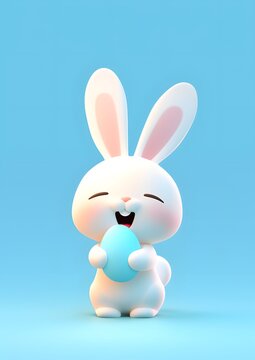 Cheerfully White Bunny Holding Blue Egg in Its Paws