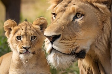 Majestic African lion and lioness. Wild animal of Africa in nature. AI generated