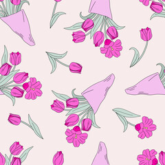 Hand drawn spring flowers pink tulips bouquet vector seamless pattern. Linear happy Easter holiday floral background. 