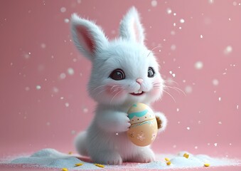 White Bunny In Snow Holding Easter Egg on Pink Background