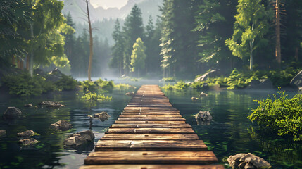 Wooden pier passage to the forest - obrazy, fototapety, plakaty