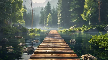 Tuinposter Bosweg Wooden pier passage to the forest