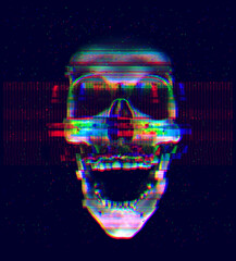 Vector illustration of a distorted glitchy style skull. Digital glitch art with pixelated colorful pixels. Dark, futuristic background with blue and violet neon glowing effects. Cyber horror concept.