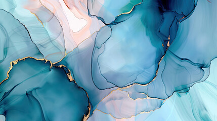 Abstract alcohol ink painting texture in blue azure tones with golden splashes