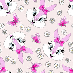Cute cartoon pink Easter bunny girl portrait among daisy flowers and butterfly vector seamless pattern. Hand drawn line art happy Easter spring holiday floral background. 