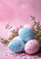 Obraz na płótnie Canvas Blue and Pink Speckled Eggs on a Pink Background