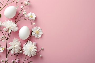 Fototapeta na wymiar Pastel Easter Eggs and Flowers on a Pink Background