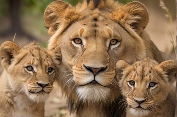 Majestic African lion and lioness. Wild animal of Africa in nature. AI generated