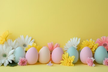 Assorted Easter Eggs and Flowers on Yellow Background