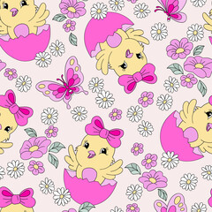 Cute cartoon chick with bow on the head in pink egg shell among butterfly and flowers vector seamless pattern. Hand drawn line art happy Easter holiday floral background. 