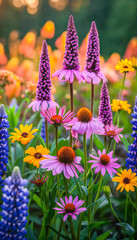 Vibrant Echinacea Flowers,Lupines and other flowers in Summer Bloom garden.Floral landscape design. Blooming garden. - obrazy, fototapety, plakaty