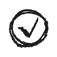 Check mark drawn in charcoal. Approve sign, freehand grunge stamp. Ok sign in graffiti style. Brush stroke. Vector illustration.