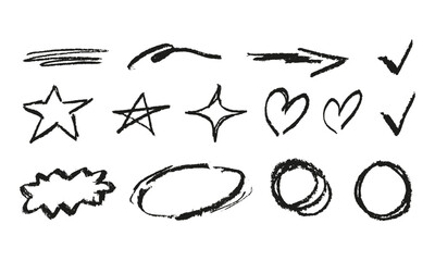 Pencil doodles, charcoal arrows, stars, hearts and hand drawn circles. Brush strokes with grainy effect. Marker sketches. Rough scribbles. Vector illustrations set.