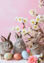 Fototapeta premium Rabbits Sitting Together with Flowers and Easter Eggs