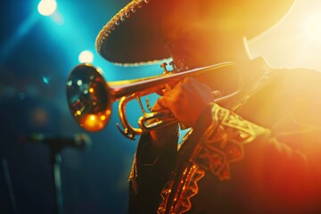A mariachi musician passionately playing the trumpet on stage with a vibrant and dynamic lighting...