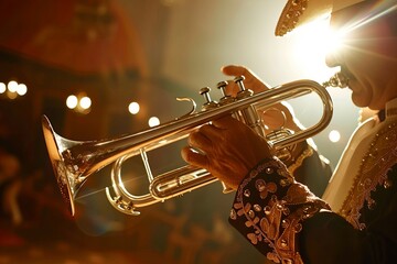 A mariachi musician passionately playing the trumpet on stage with a vibrant and dynamic lighting...