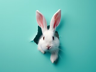 White Rabbit Peeking Through Hole in Blue Wall