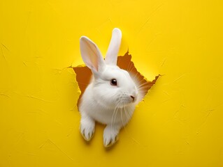 White Rabbit Poking Head Out of Yellow Wall. - obrazy, fototapety, plakaty