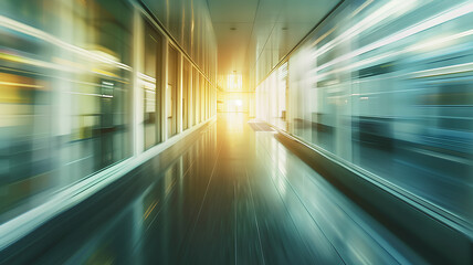 A contemporary office hallway captured with a sense of speed and motion, bathed in warm light.

