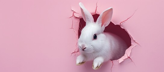 White Rabbit Poking Head Out of Pink Wall. - obrazy, fototapety, plakaty