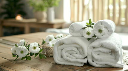 Fototapeta na wymiar Towels on shelf in bathroom