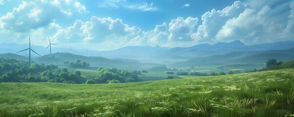 Fototapeta premium Green meadows landscape with wind generators in the distance Generative Ai