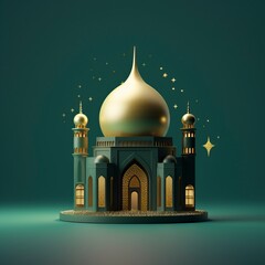 A miniature model of a mosque with a star and moon inside in a green and gold design. 3d render illustration - generative ai