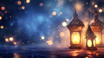 An islamic lantern with a blurred mosque in the background for al fitr and adha eid