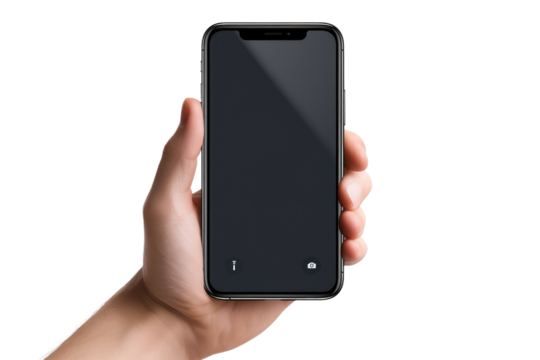 A person is seen holding a black cell phone in their hand and interacting with the device. on a White or Clear Surface PNG Transparent Background.