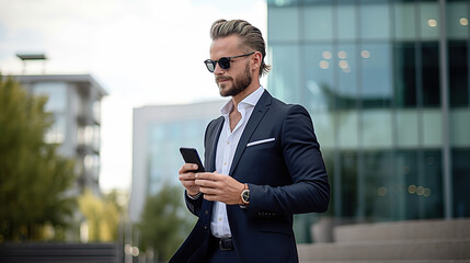 Handsome Businessman in suit and eyeglasses speaking on the Phone in street.