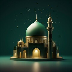 A miniature model of a mosque with a star and moon inside in a green and gold design. 3d render illustration - generative ai