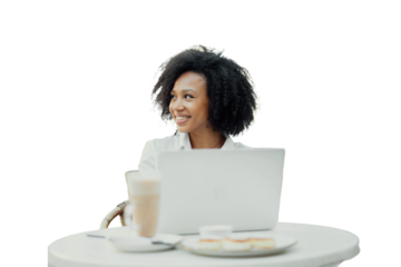 The woman in the cafe has a positive attitude and is using a laptop. The background is transparent.