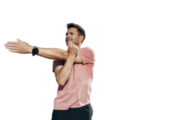 Warm-up and stretching before the workout, jogging in fitness gear. Clear background.