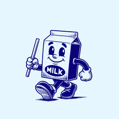 cool mascot milk box walking in retro vintage art style vector illustration