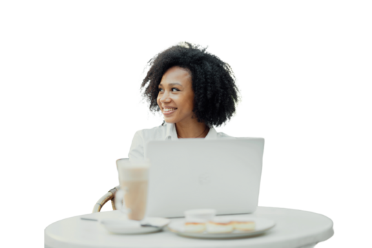 The woman in the cafe has a positive attitude and is using a laptop. The background is transparent.