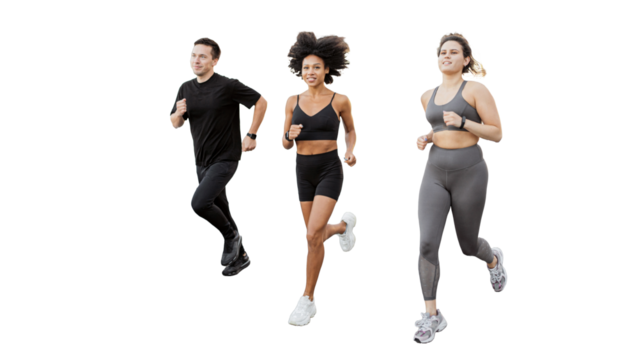 A group of friends are running together, wearing sports clothes for a warm-up. The background is transparent.