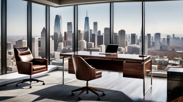 Urban Zen: Tranquil Workspace with Ergonomic Seating and Spectacular City Views