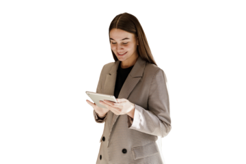 Portrait of a confident and successful female manager using a tablet. She is seen as a positive and professional office employee, with a clear and transparent background.