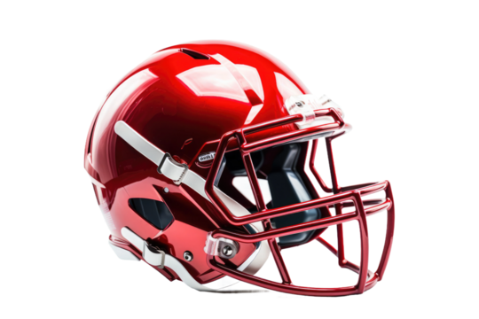 A red football helmet rests. on a White or Clear Surface PNG Transparent Background.
