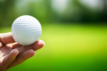 Photorealistic Close-Up of a Hand Holding a Golf Ball on a Blurred Green Background, Capturing the Focus and Precision of the Game, Ideal for Golfing Events, Sports Marketing Publications