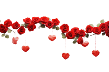 A collection of red roses adorned with hanging hearts. on a White or Clear Surface PNG Transparent Background.