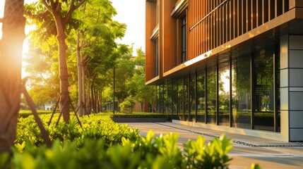 Modern business building exterior facade with biophilic design with garden with greenery, plants and trees. New developed estate on sunny summer day. Concept of eco friendly green city. - obrazy, fototapety, plakaty