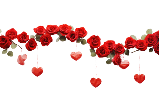 A collection of red roses adorned with hanging hearts. on a White or Clear Surface PNG Transparent Background.