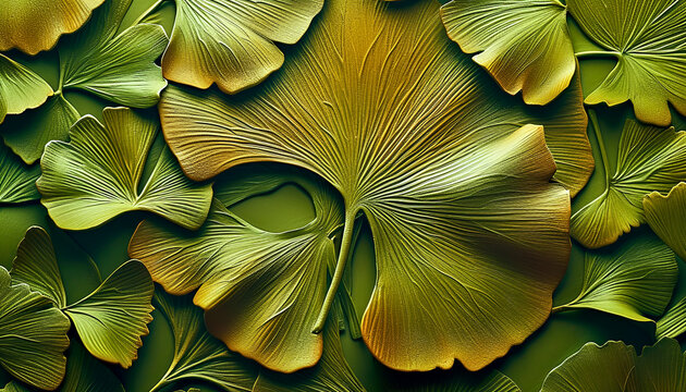 ush Ginkgo Biloba Leaves Overlapping on Vibrant Green Background