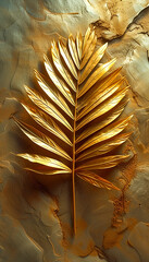 Golden Fern Leaf on Cracked Earthy Background - obrazy, fototapety, plakaty