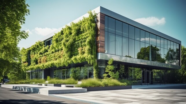 Modern business building exterior facade with biophilic design with garden with greenery, plants and trees. New developed estate on sunny summer day. Concept of eco friendly green city.