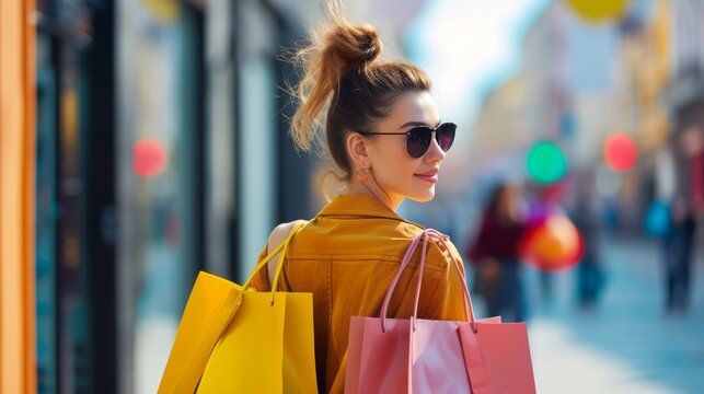 Modern happy Female lifestyle fashion portrait. beautiful attractive young woman girl enjoy stylish walk with shopping bag packages on the street, trendy outfit on shopping mall, browse product