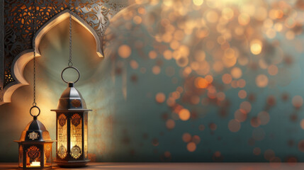 A lantern is placed on a wooden table with a beautiful background for the Muslim feast of the holy month of Ramadan Kareem. Eid ul Fiter, Eid ul Adha, Islamic wallpaper and background - obrazy, fototapety, plakaty